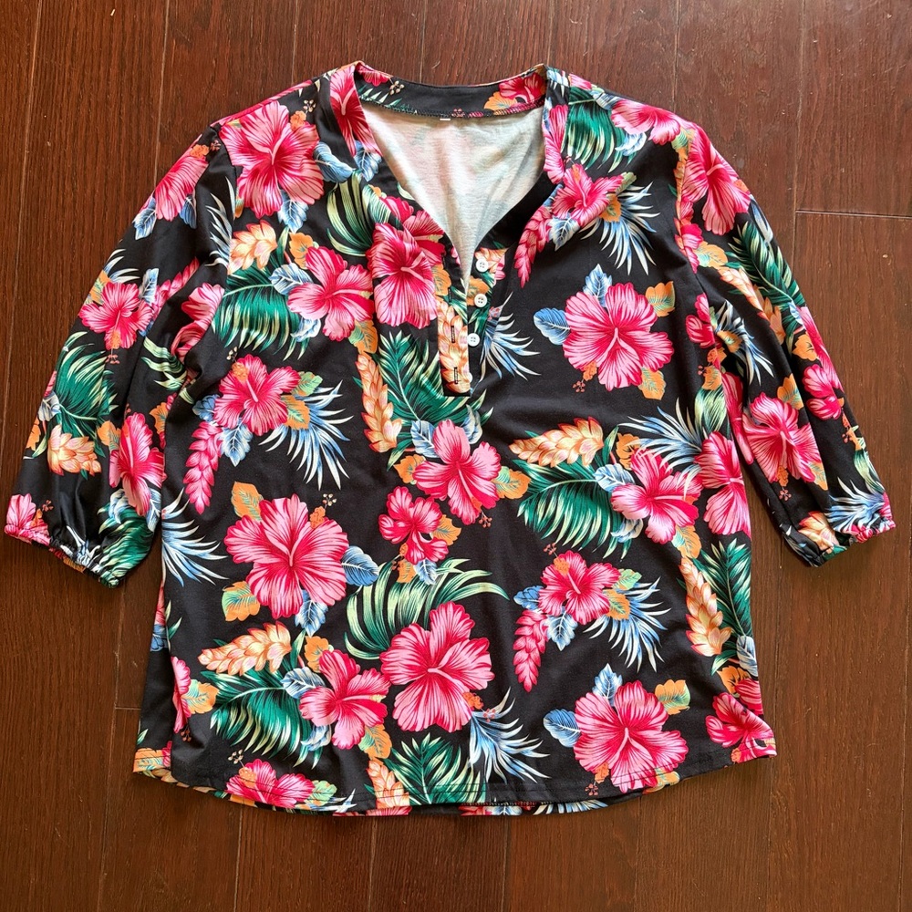0009-Women’s Black Tropical Floral Henley Top - Pink & Green